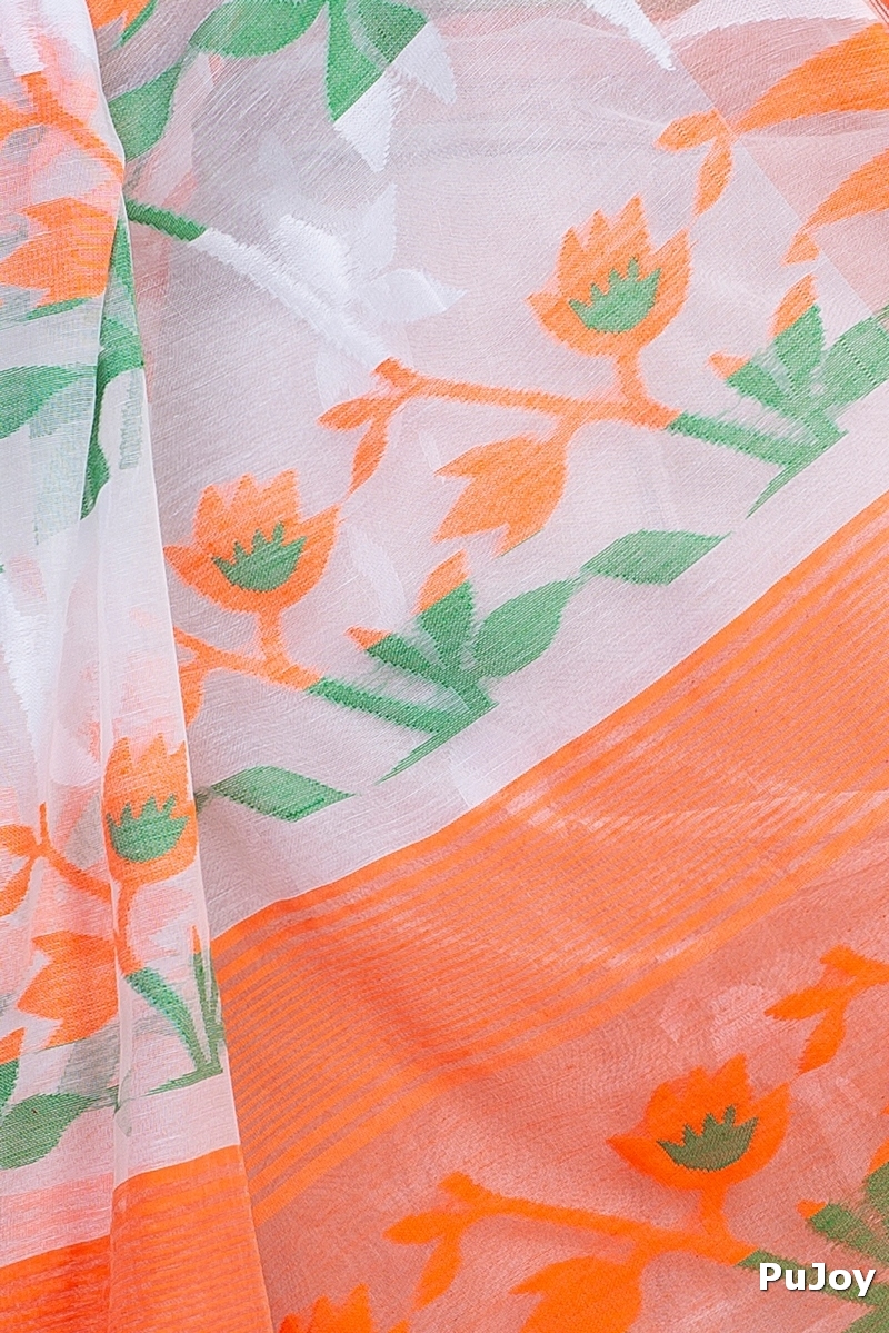 White Orange Blended Cotton Moha_Jamdani Jamdani Saree (808)