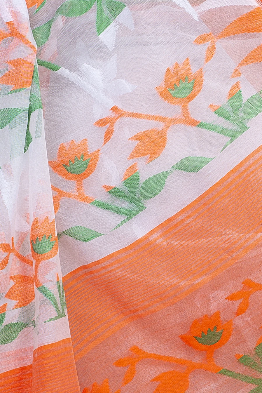 White Orange Blended Cotton Moha_Jamdani Jamdani Saree (808)