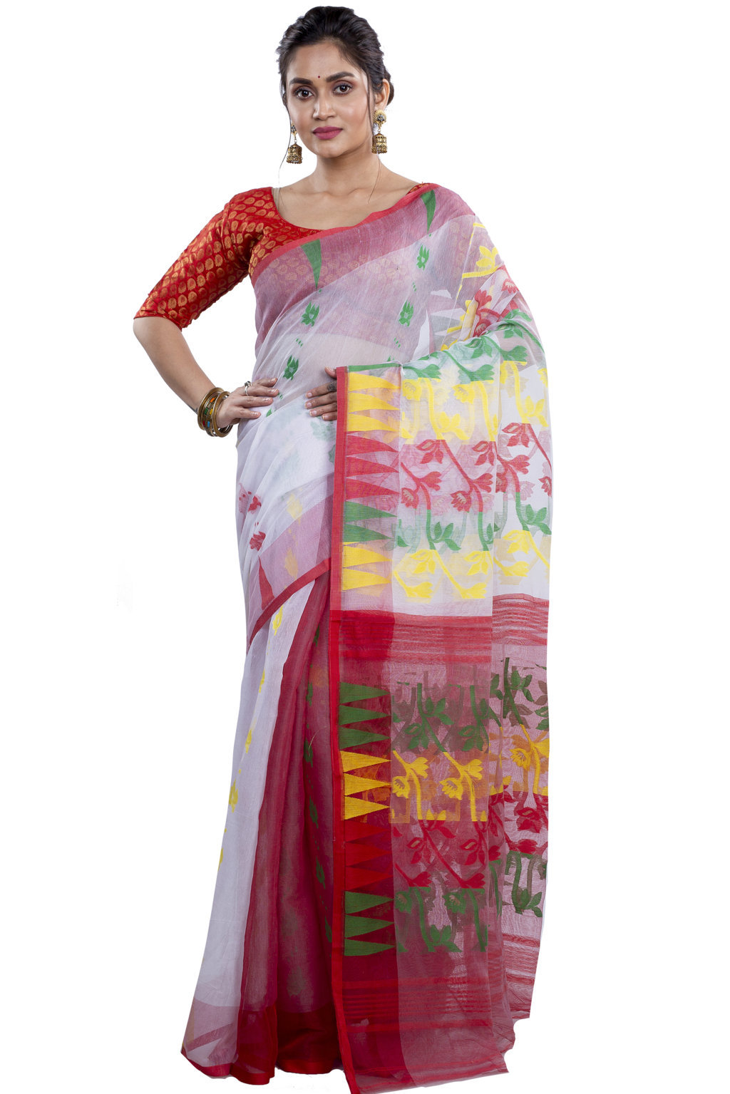 White Red Blended Cotton Moha_Jamdani Jamdani Saree (809)