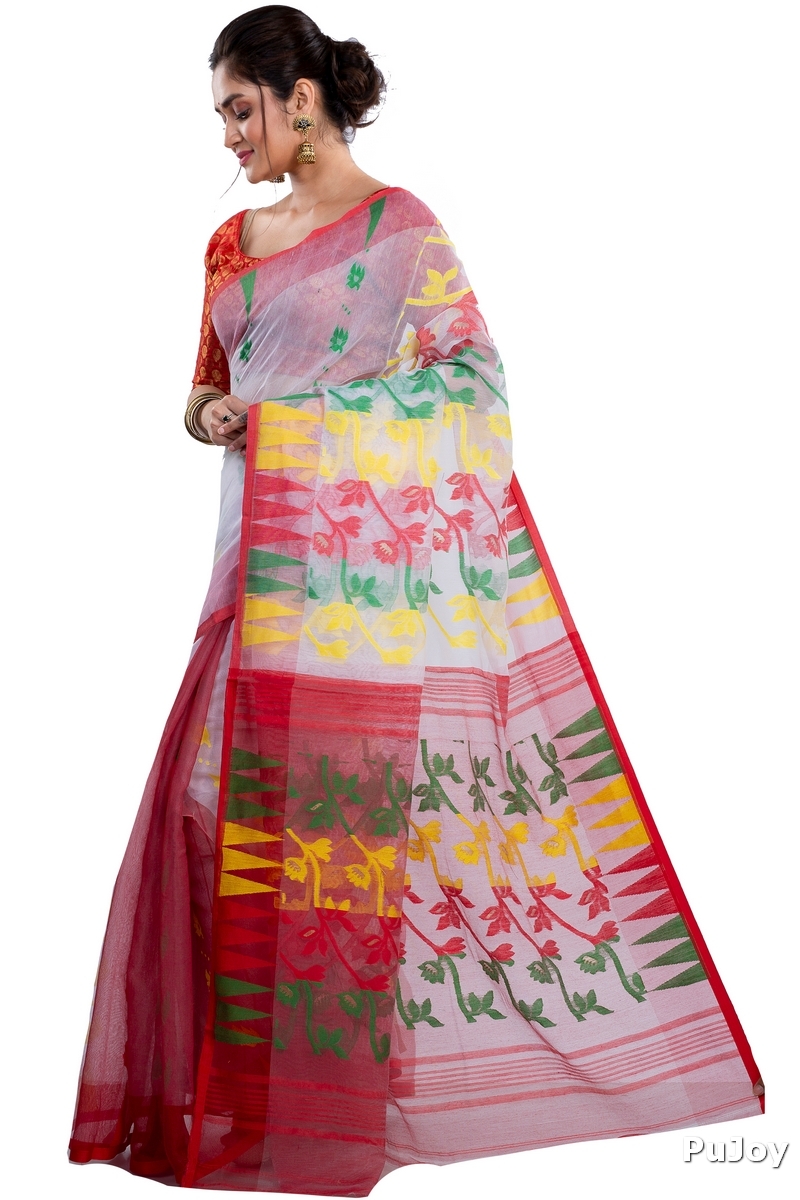White Red Blended Cotton Moha_Jamdani Jamdani Saree (809)