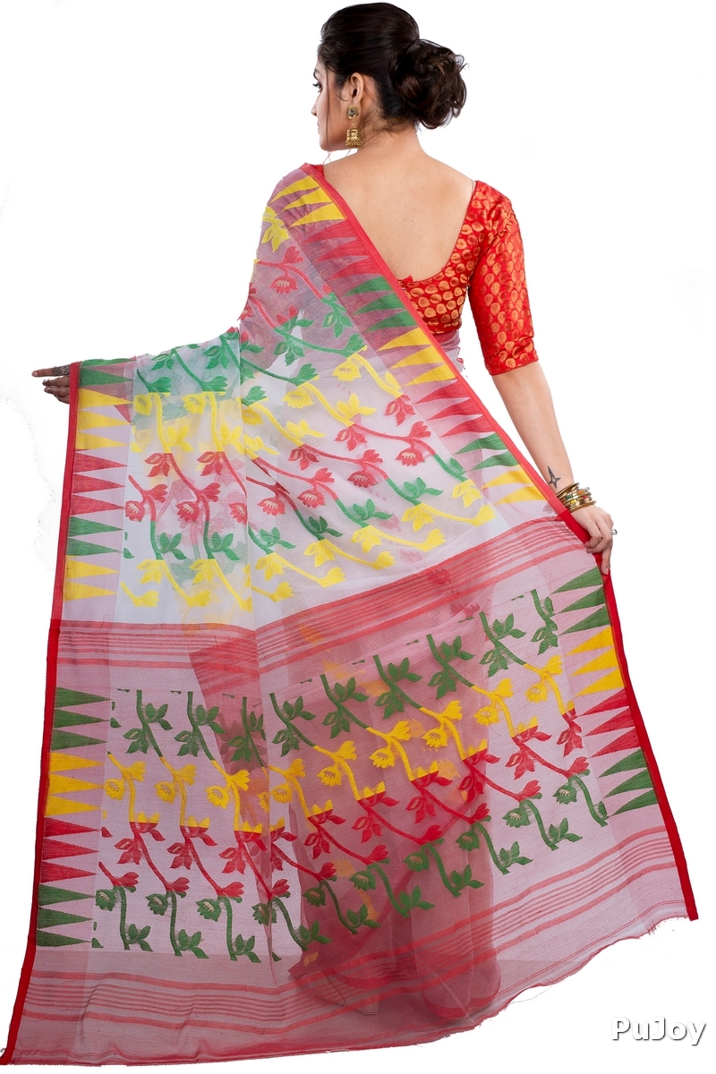 White Red Blended Cotton Moha_Jamdani Jamdani Saree (809)