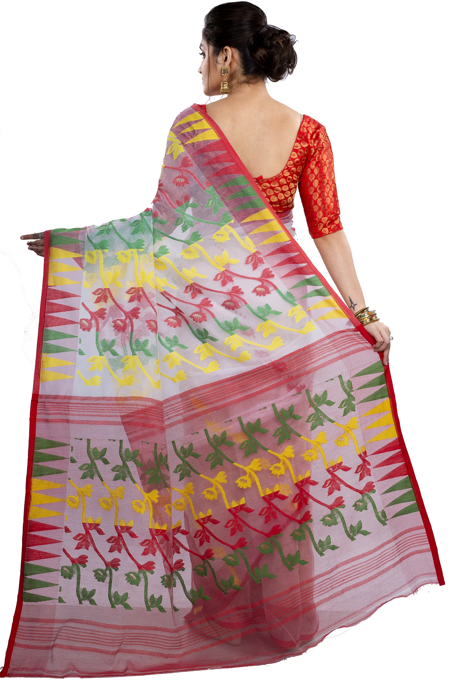White Red Blended Cotton Moha_Jamdani Jamdani Saree (809)