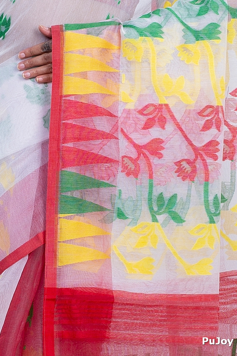 White Red Blended Cotton Moha_Jamdani Jamdani Saree (809)