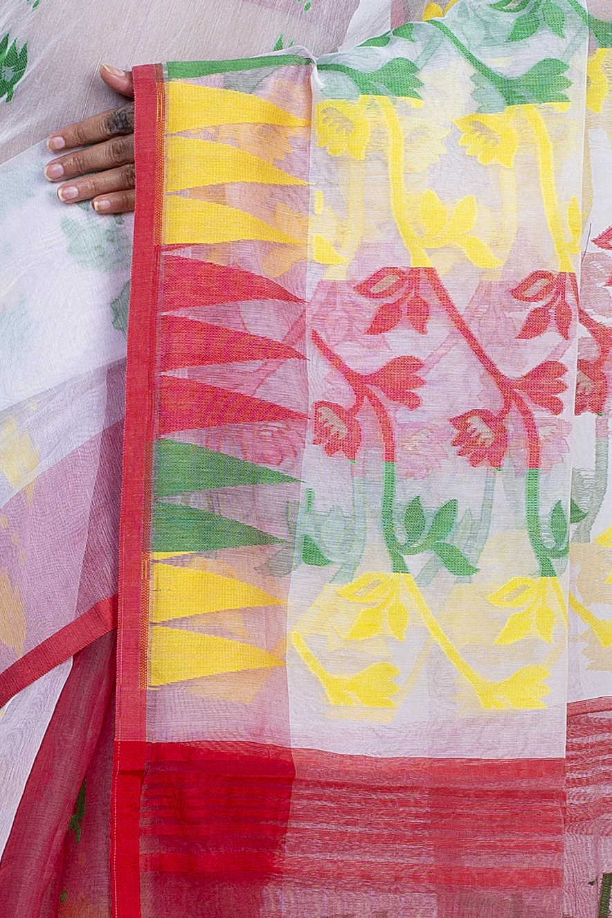 White Red Blended Cotton Moha_Jamdani Jamdani Saree (809)