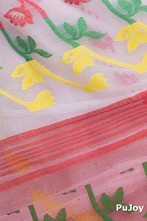 White Red Blended Cotton Moha_Jamdani Jamdani Saree (809)