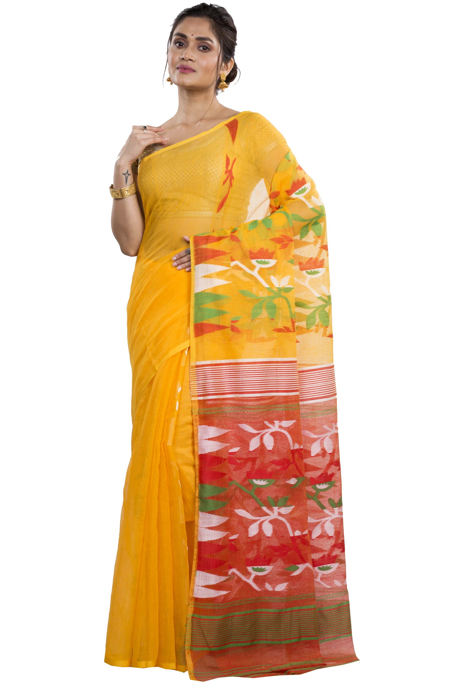 Yellow Blended Cotton Moha_Jamdani Jamdani Saree (810)