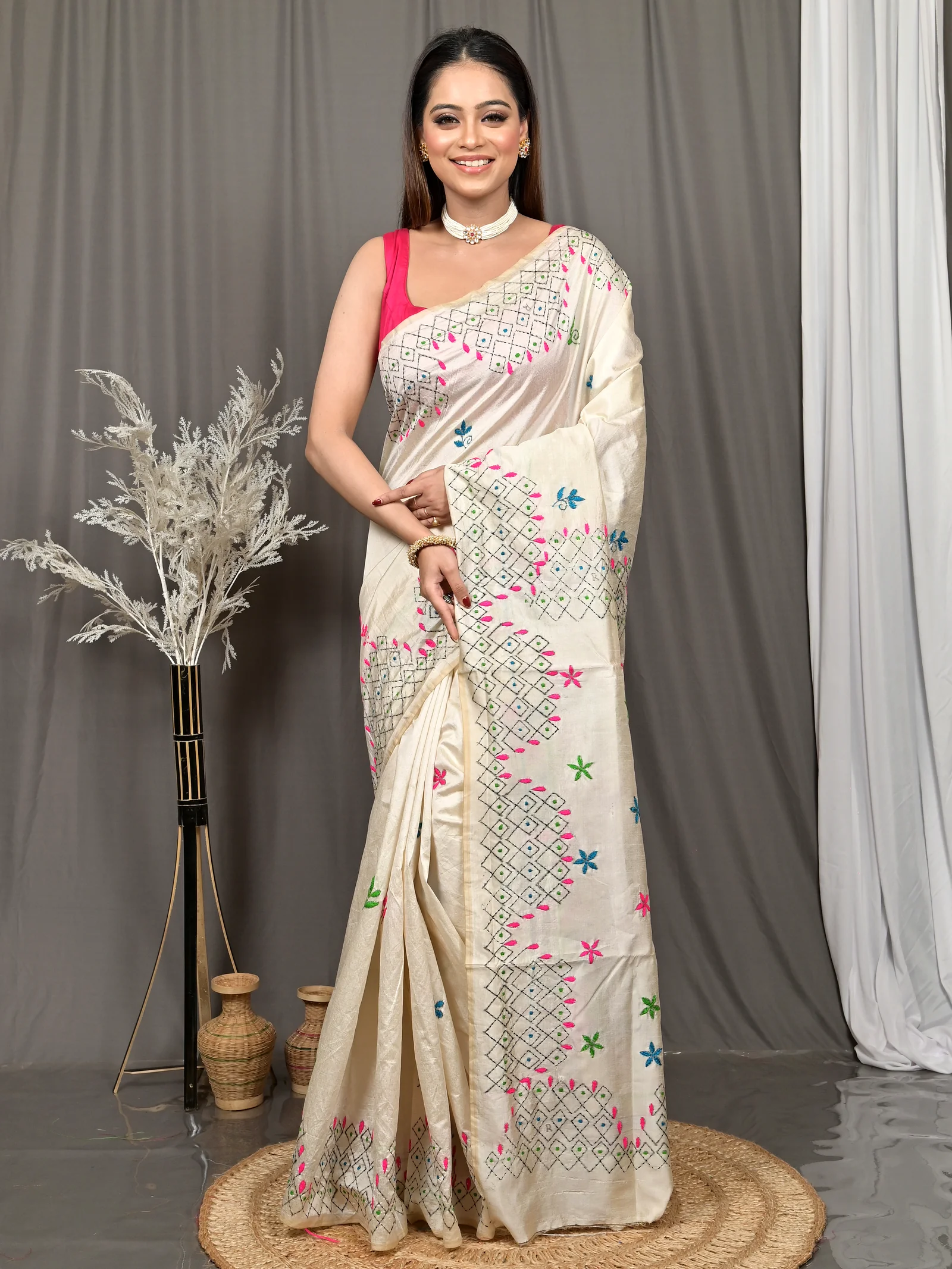 White Cotton Blended Soumika Kantha Stitch Saree  (82)