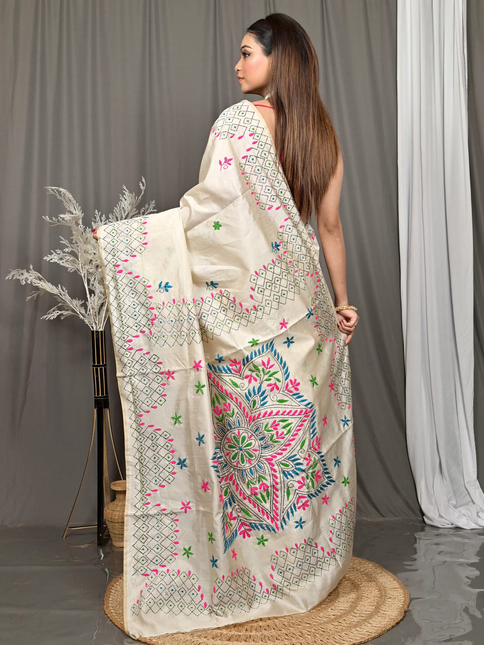 White Cotton Blended Soumika Kantha Stitch Saree  (82)