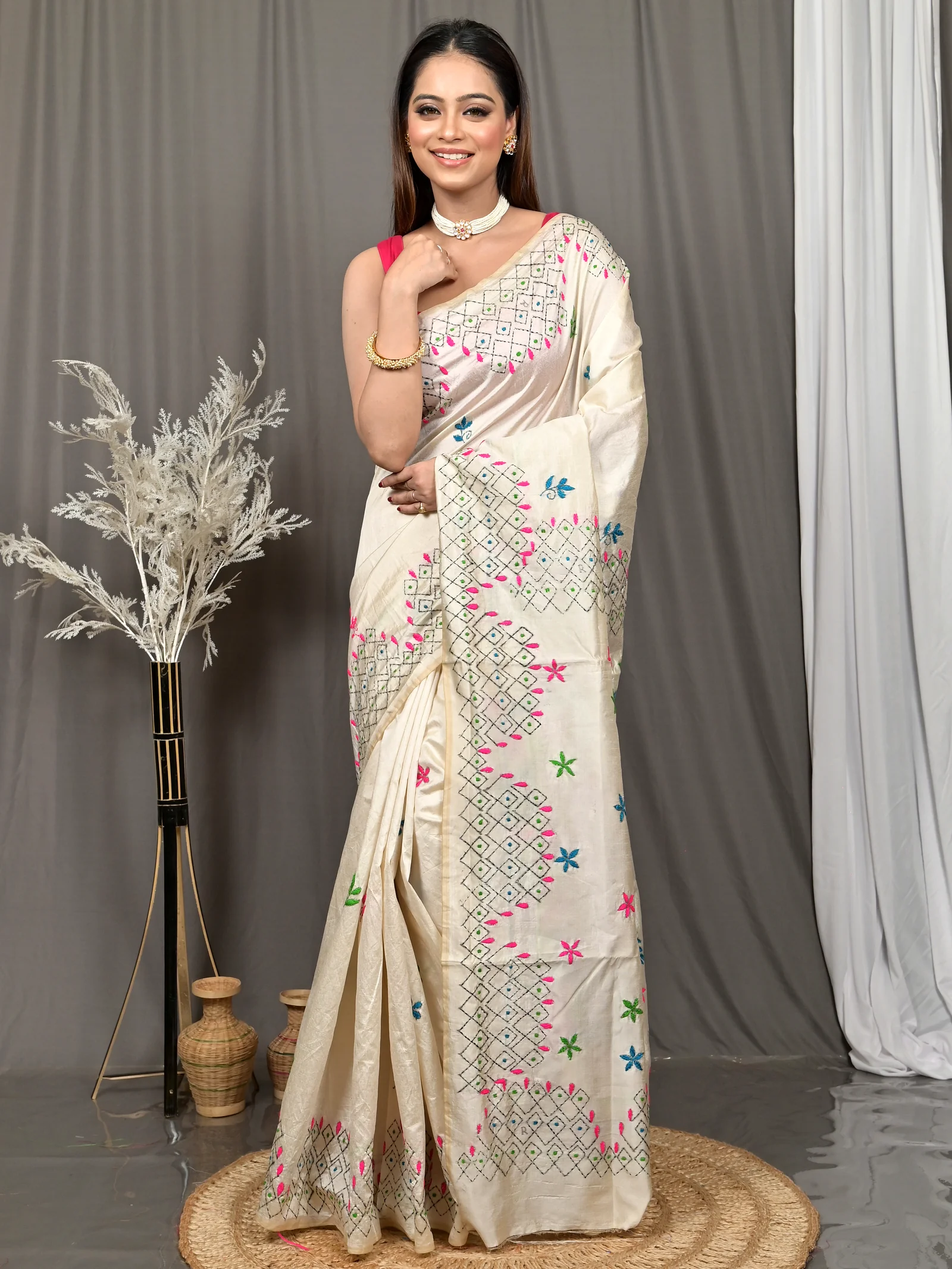 White Cotton Blended Soumika Kantha Stitch Saree  (82)