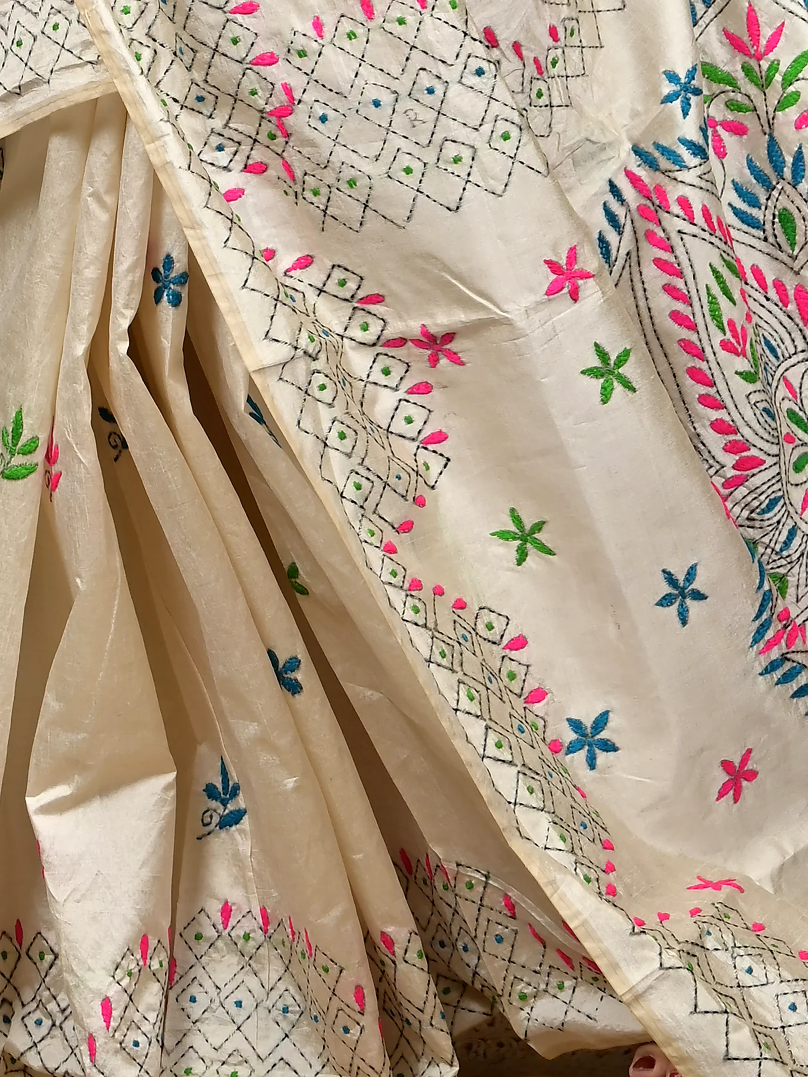 White Cotton Blended Soumika Kantha Stitch Saree  (82)