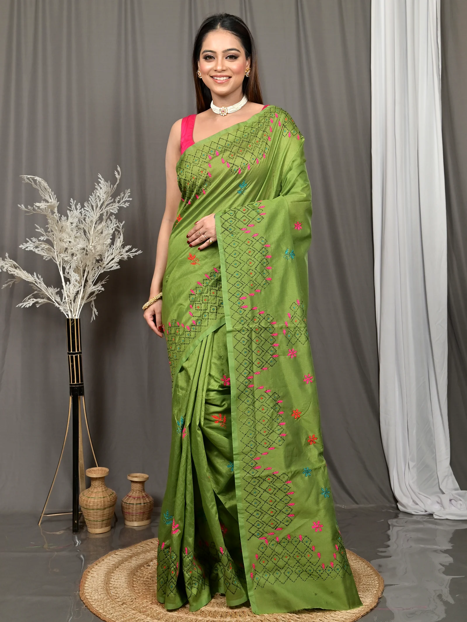 Green Cotton Blended Soumika Kantha Stitch Saree  (83)