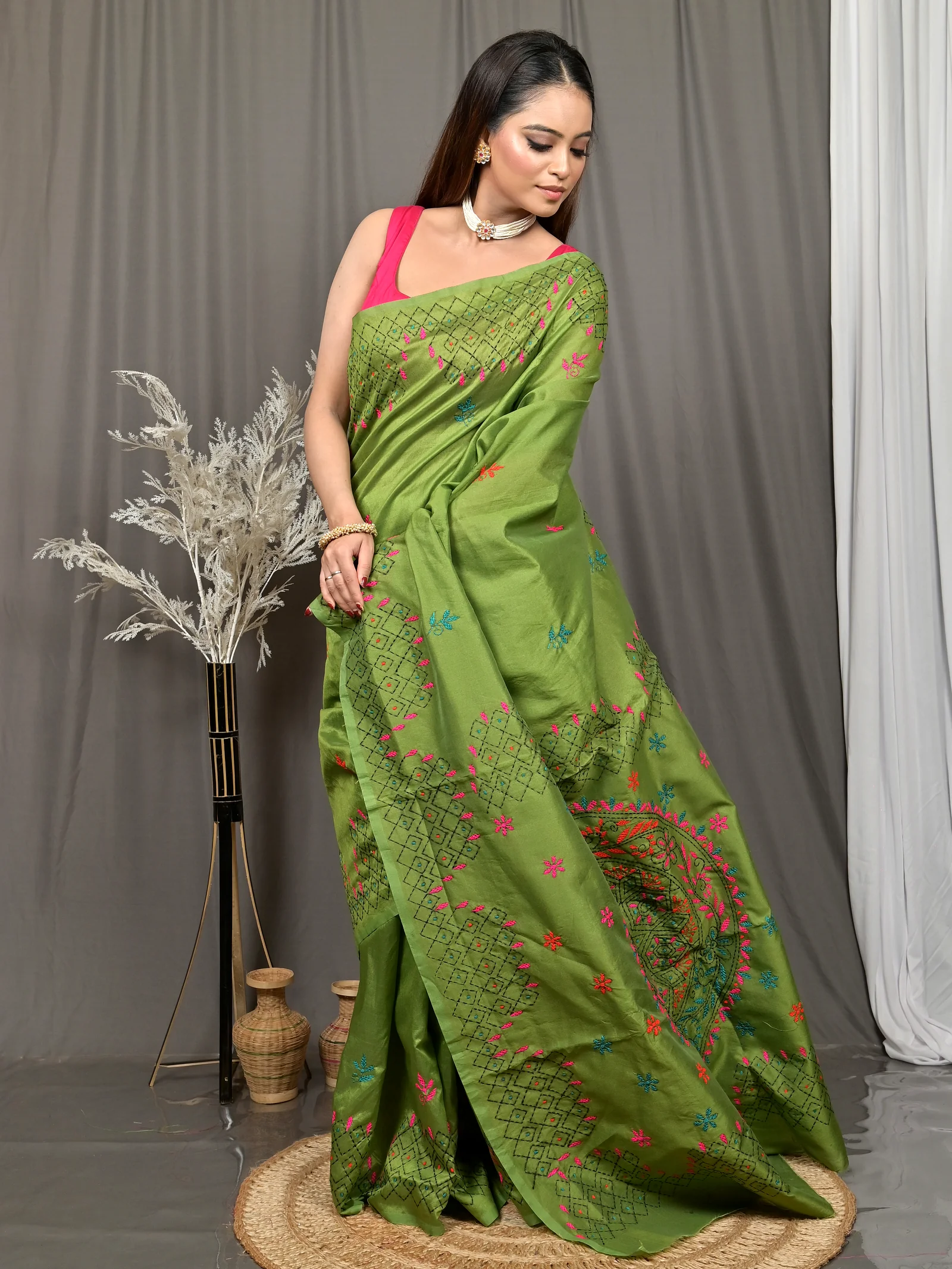 Green Cotton Blended Soumika Kantha Stitch Saree  (83)