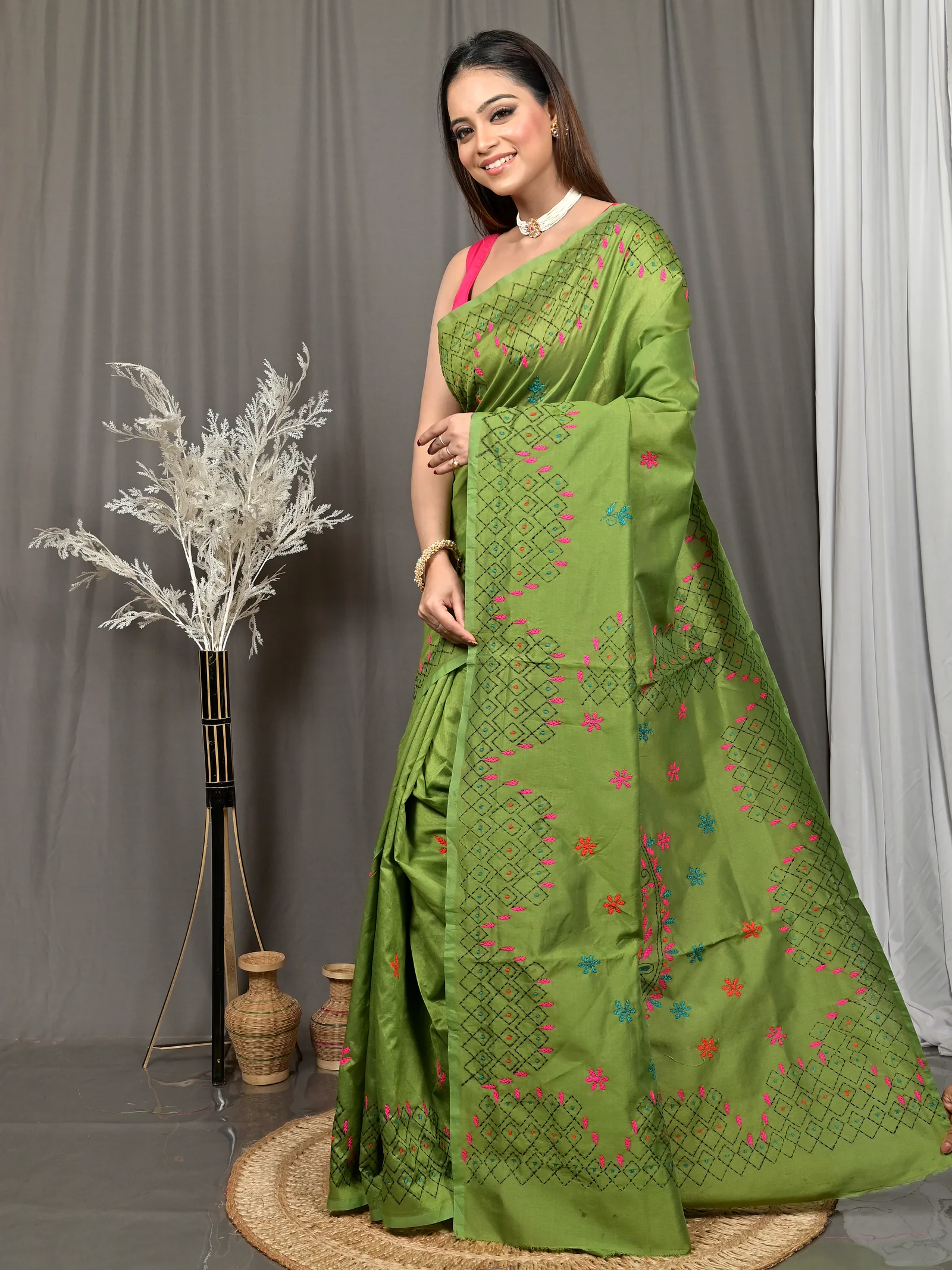Green Cotton Blended Soumika Kantha Stitch Saree  (83)