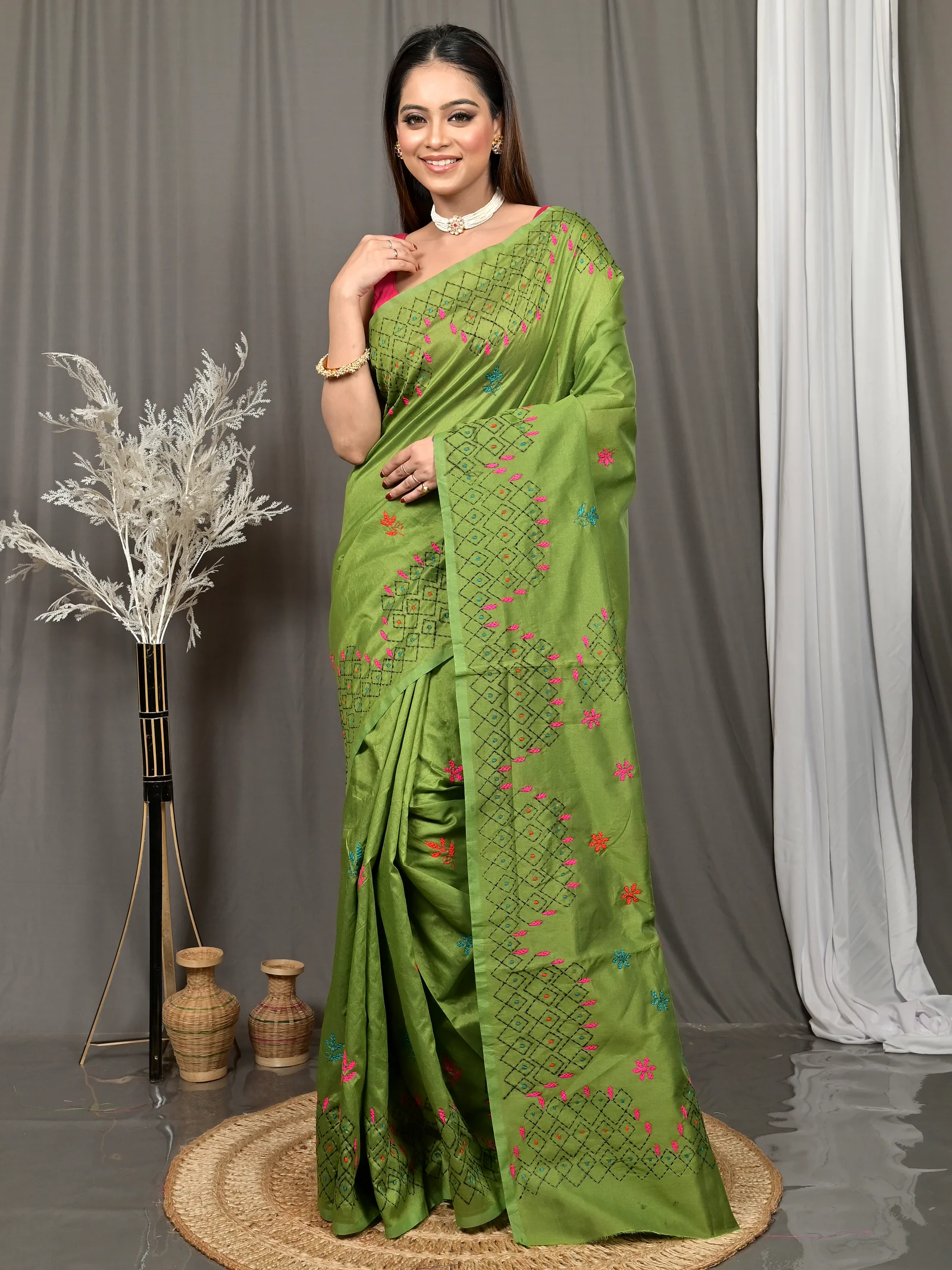 Green Cotton Blended Soumika Kantha Stitch Saree  (83)