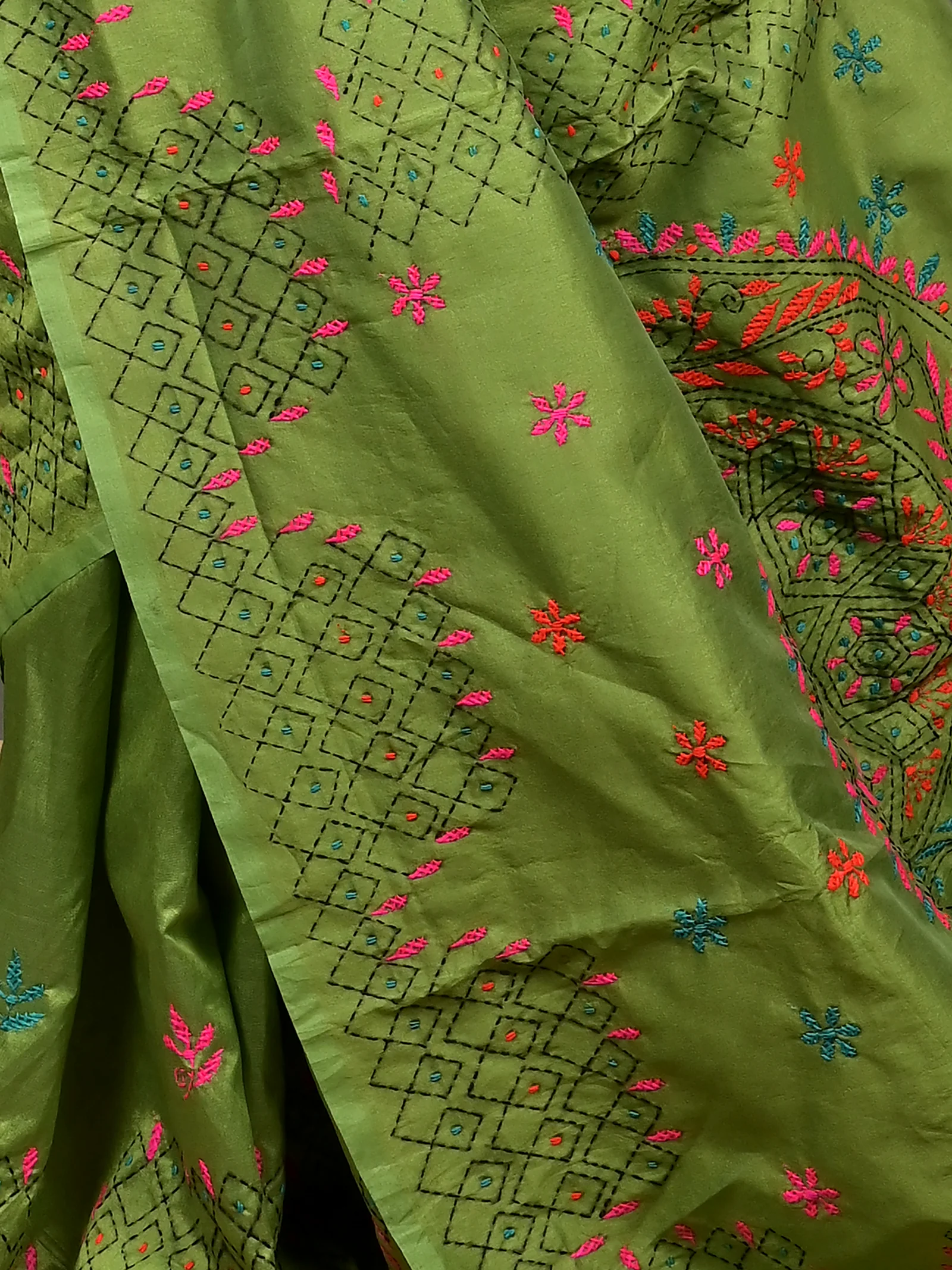 Green Cotton Blended Soumika Kantha Stitch Saree  (83)
