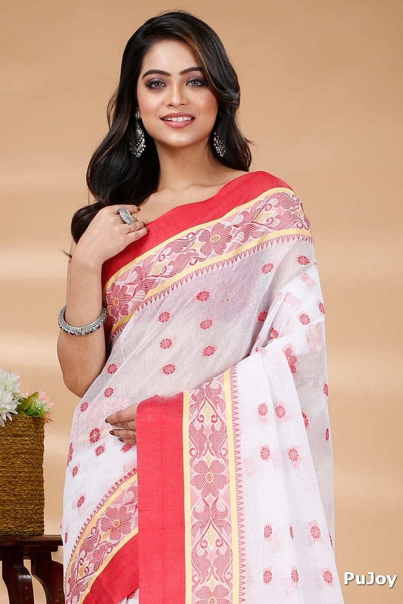 White Pure Cotton BolLata_Tant Tant Saree (839)