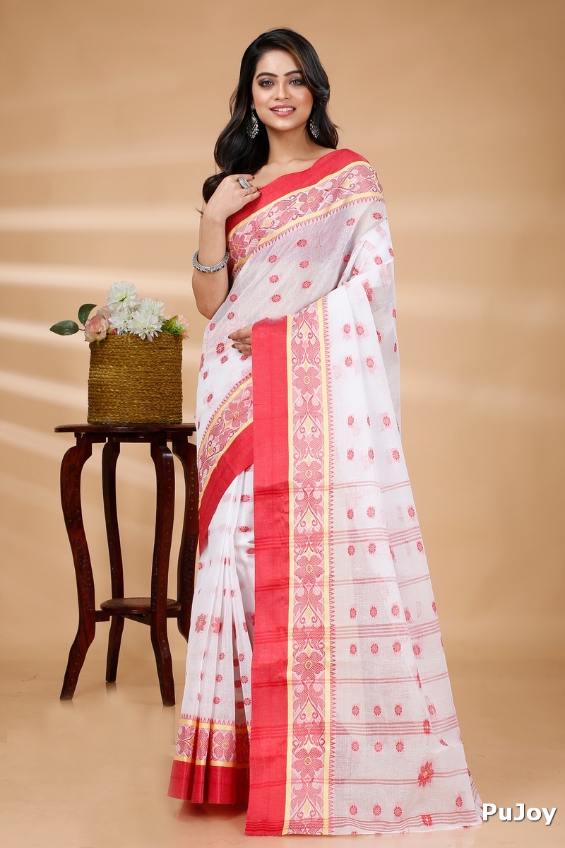 White Pure Cotton BolLata_Tant Tant Saree (839)