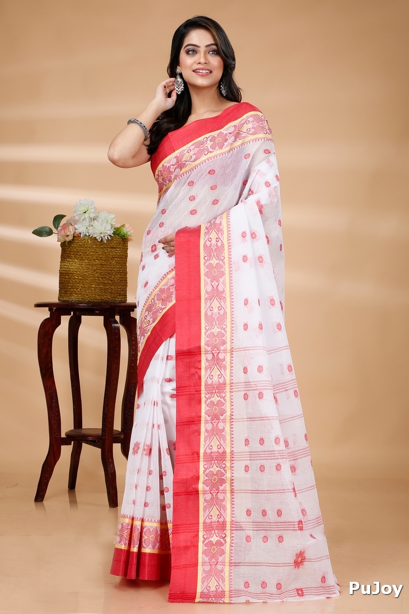 White Pure Cotton BolLata_Tant Tant Saree (839)