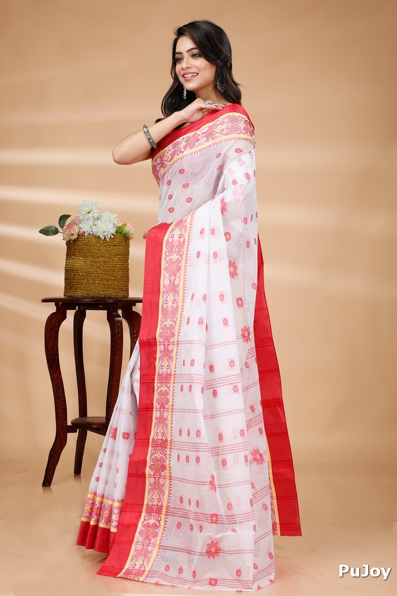 White Pure Cotton BolLata_Tant Tant Saree (839)