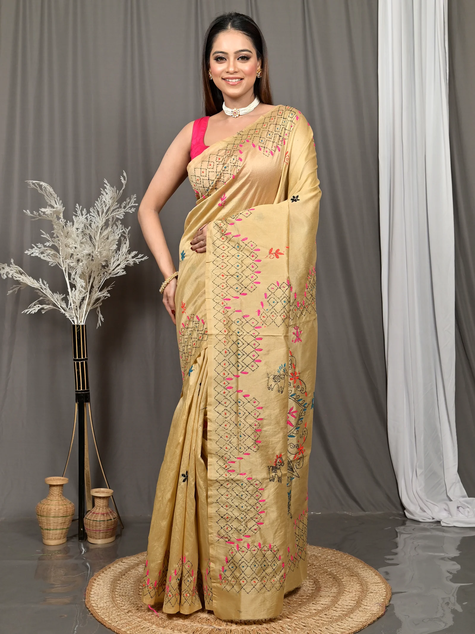 Light Brown Cotton Blended Soumika Kantha Stitch Saree  (84)