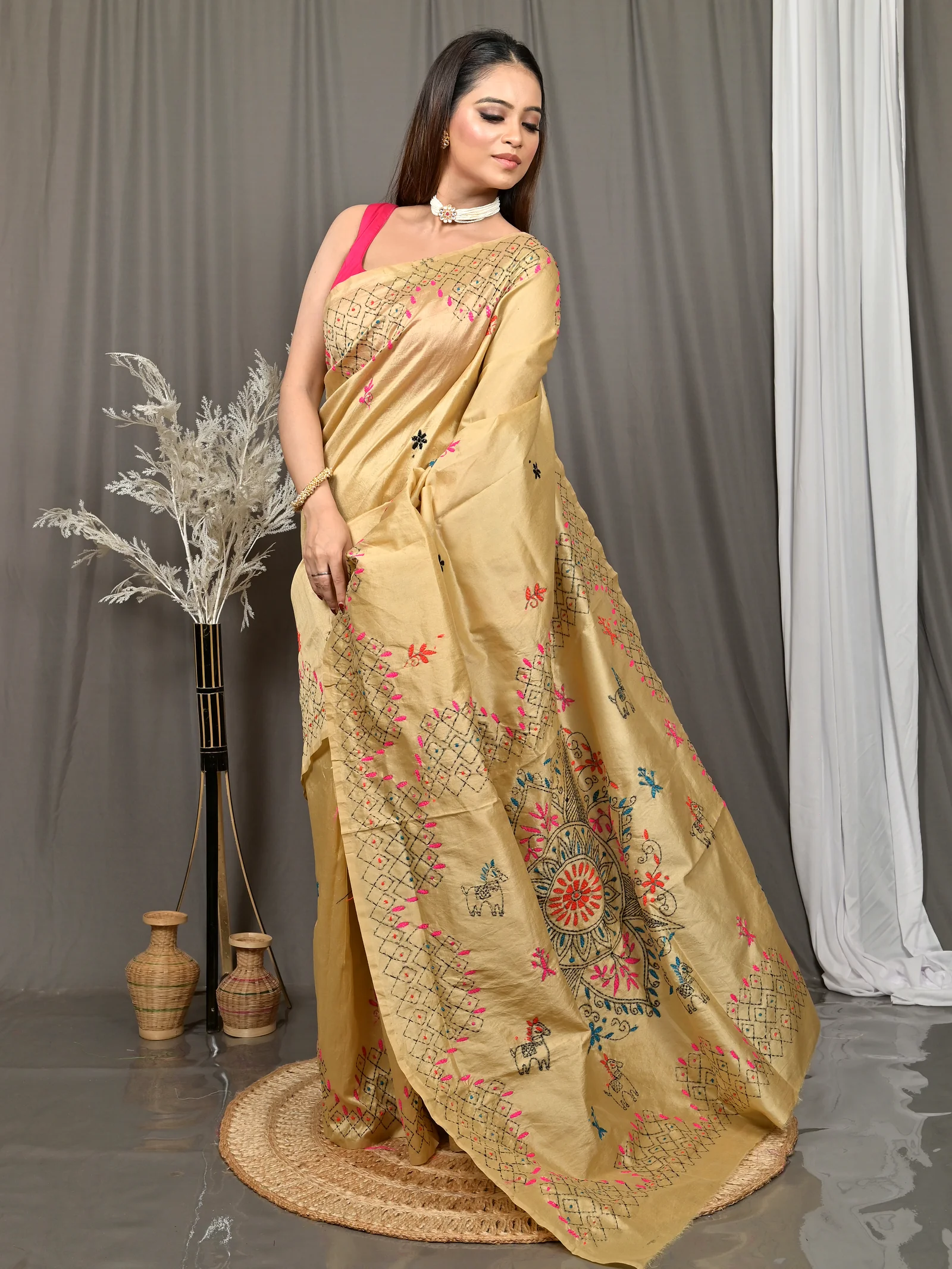 Light Brown Cotton Blended Soumika Kantha Stitch Saree  (84)