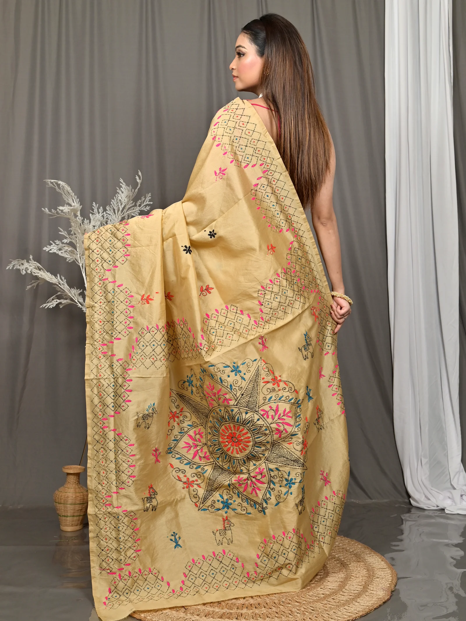 Light Brown Cotton Blended Soumika Kantha Stitch Saree  (84)
