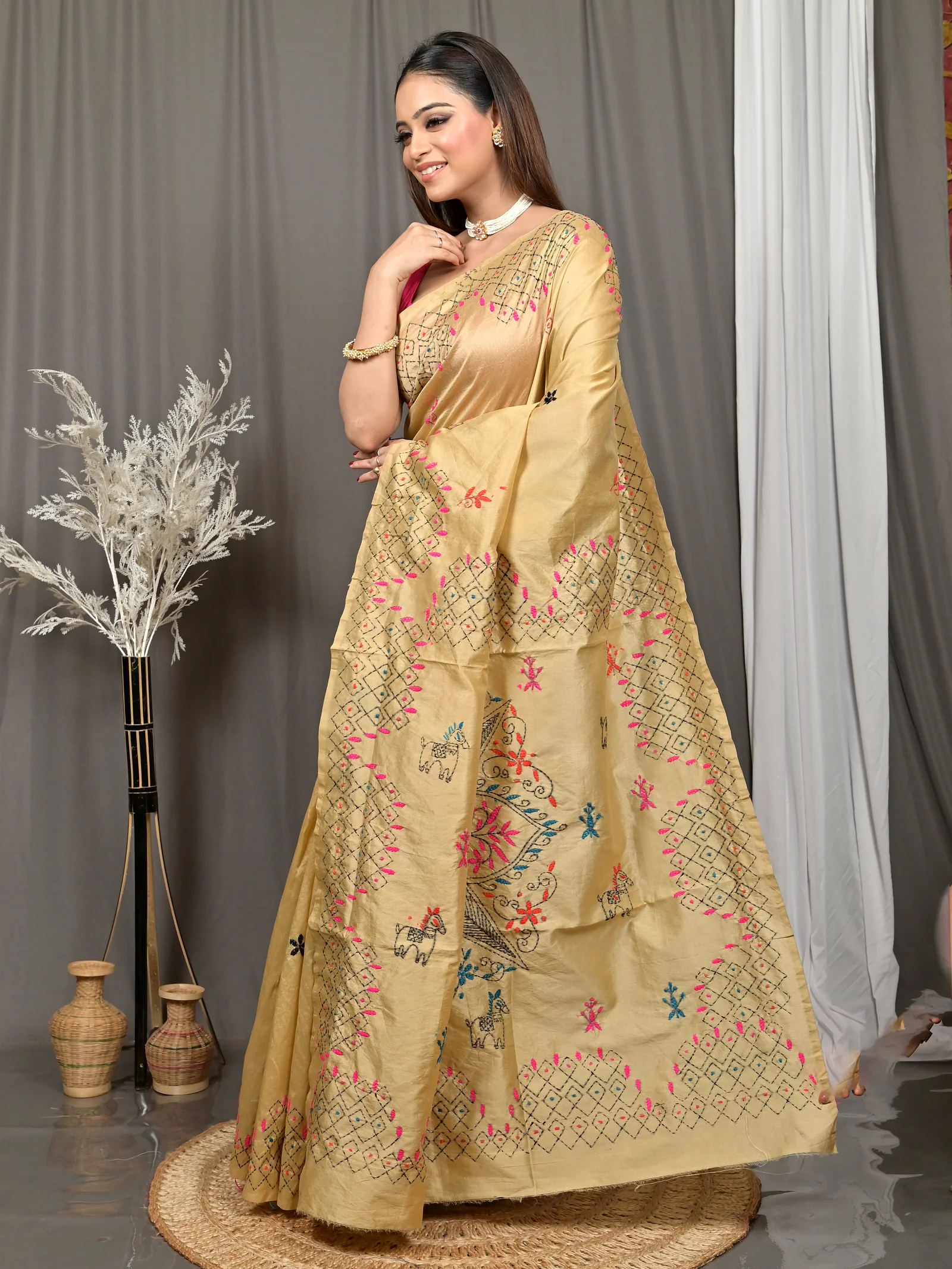 Light Brown Cotton Blended Soumika Kantha Stitch Saree  (84)