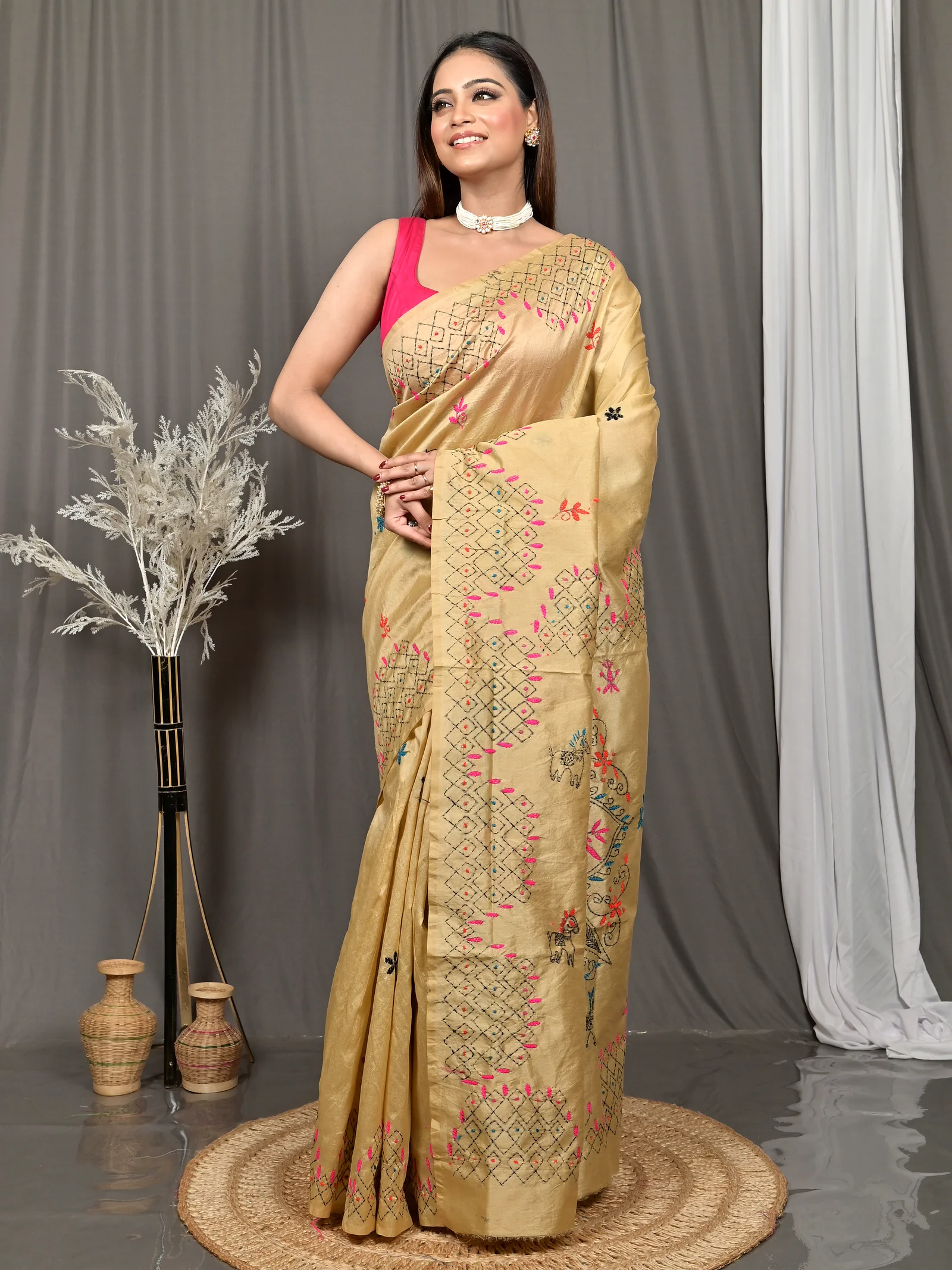 Light Brown Cotton Blended Soumika Kantha Stitch Saree  (84)