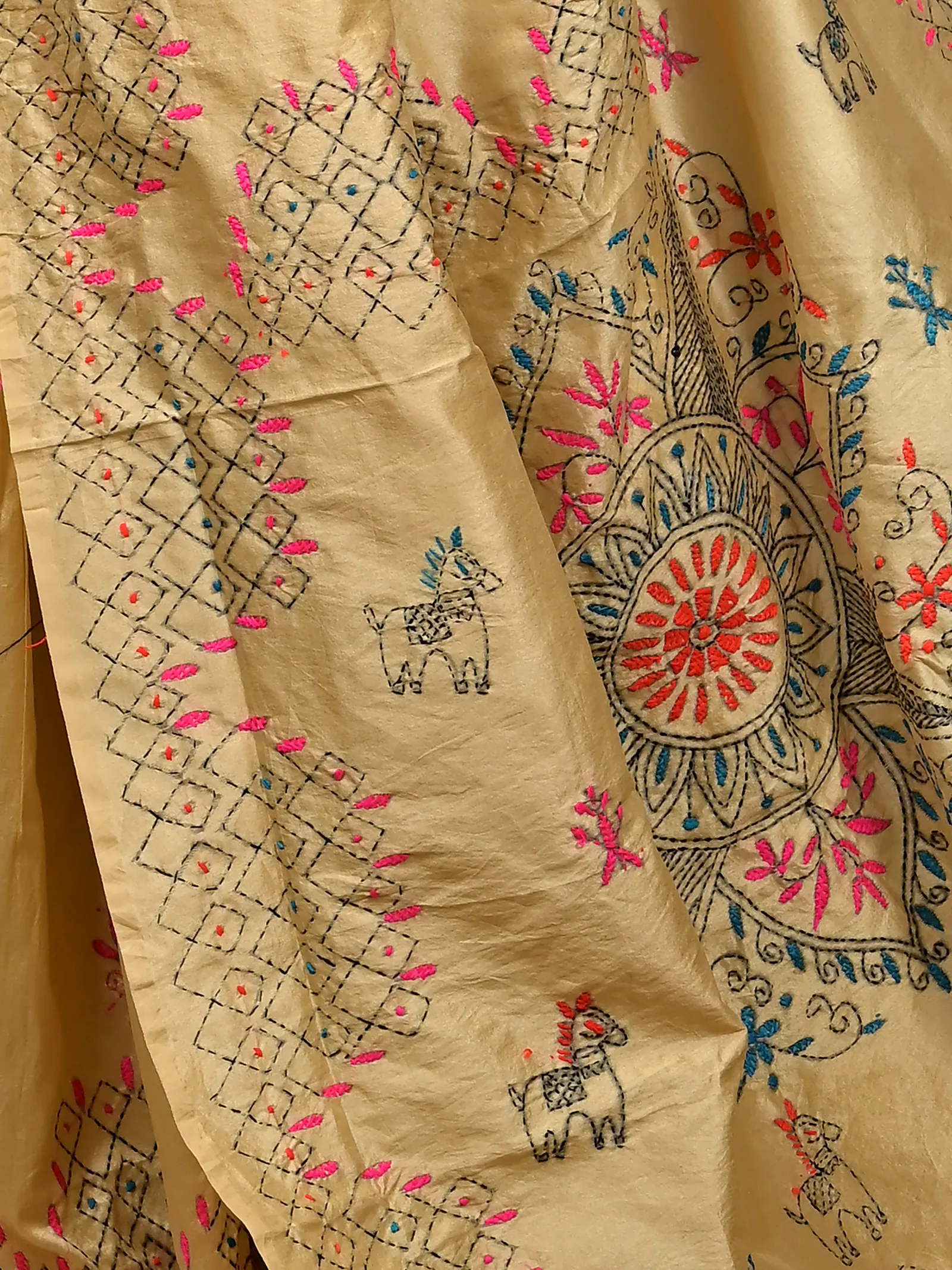 Light Brown Cotton Blended Soumika Kantha Stitch Saree  (84)