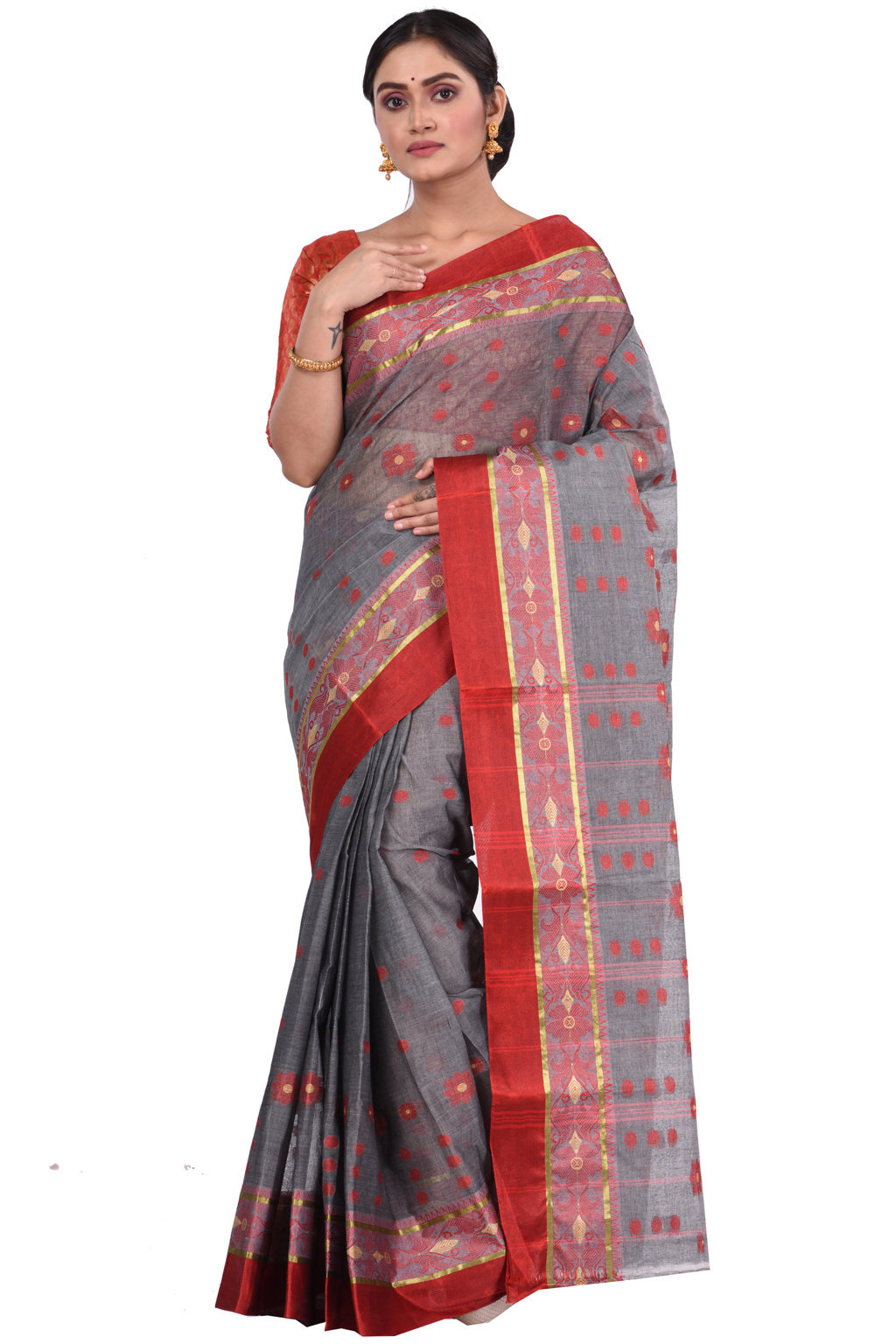 Grey Pure Cotton BolLata_Tant Tant Saree (840)