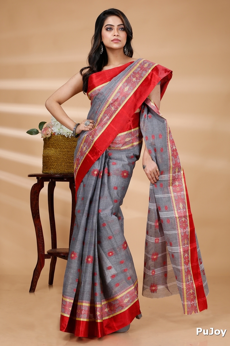Grey Pure Cotton BolLata_Tant Tant Saree (840)