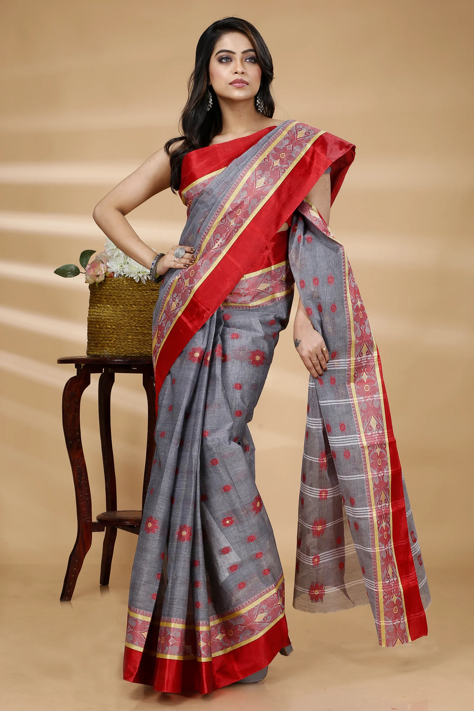 Grey Pure Cotton BolLata_Tant Tant Saree (840)