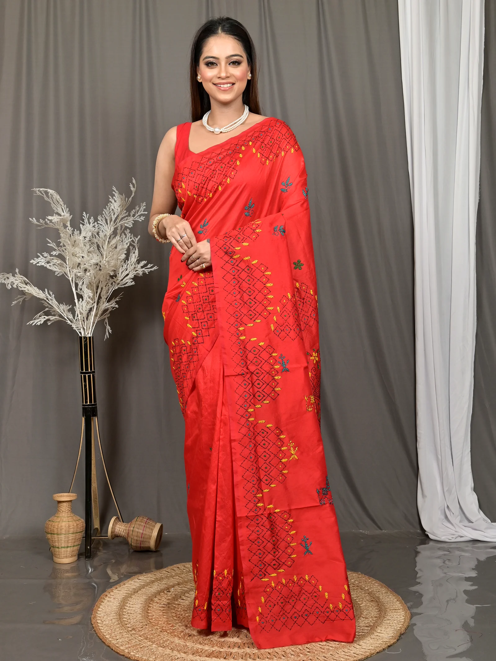 Red Cotton Blended Soumika Kantha Stitch Saree  (85)