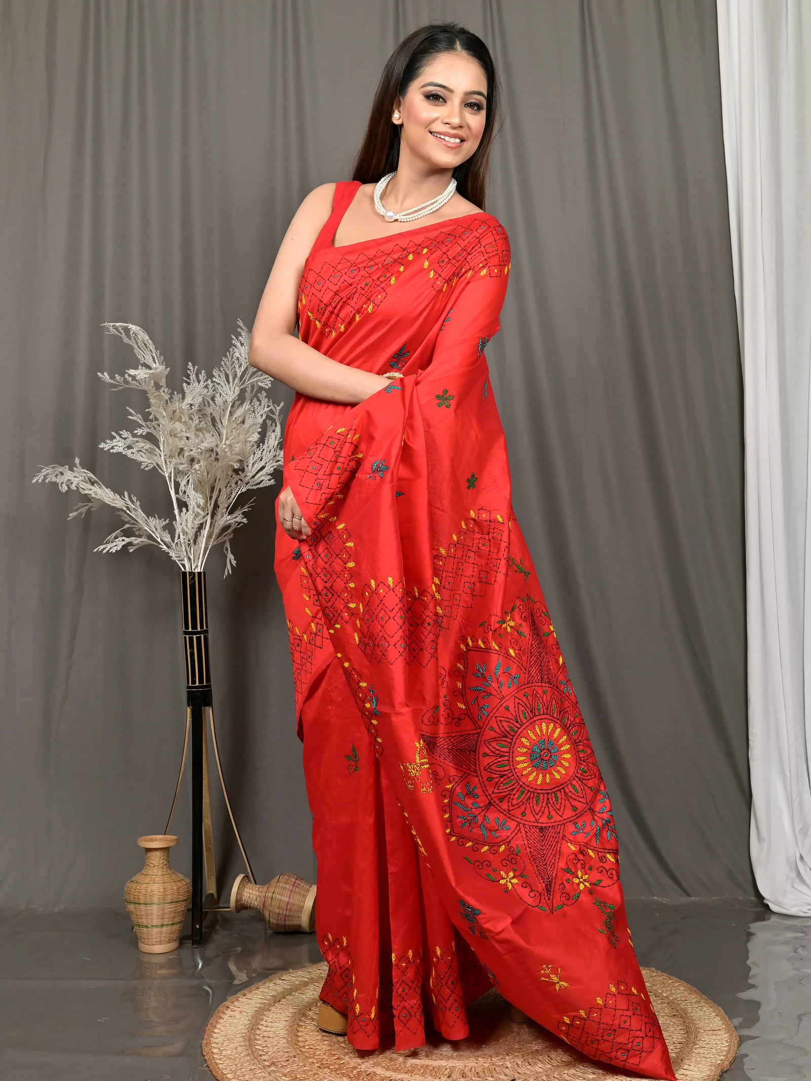 Red Cotton Blended Soumika Kantha Stitch Saree  (85)