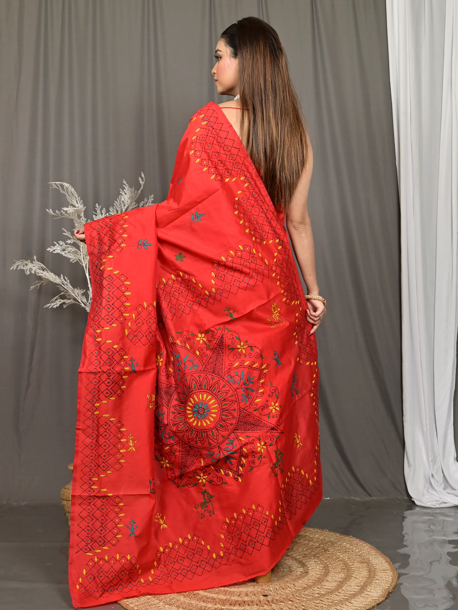 Red Cotton Blended Soumika Kantha Stitch Saree  (85)