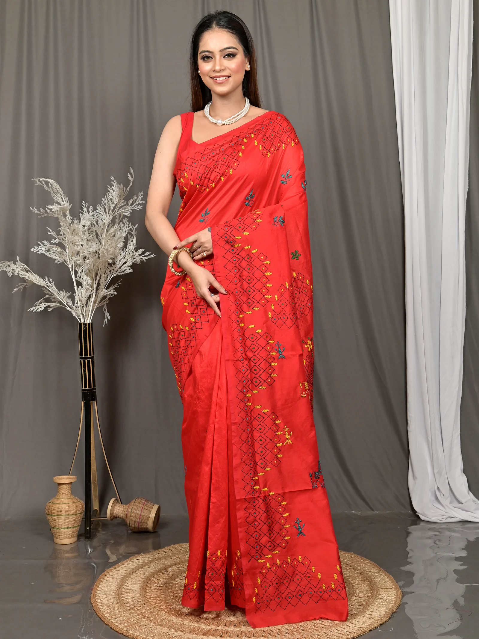 Red Cotton Blended Soumika Kantha Stitch Saree  (85)