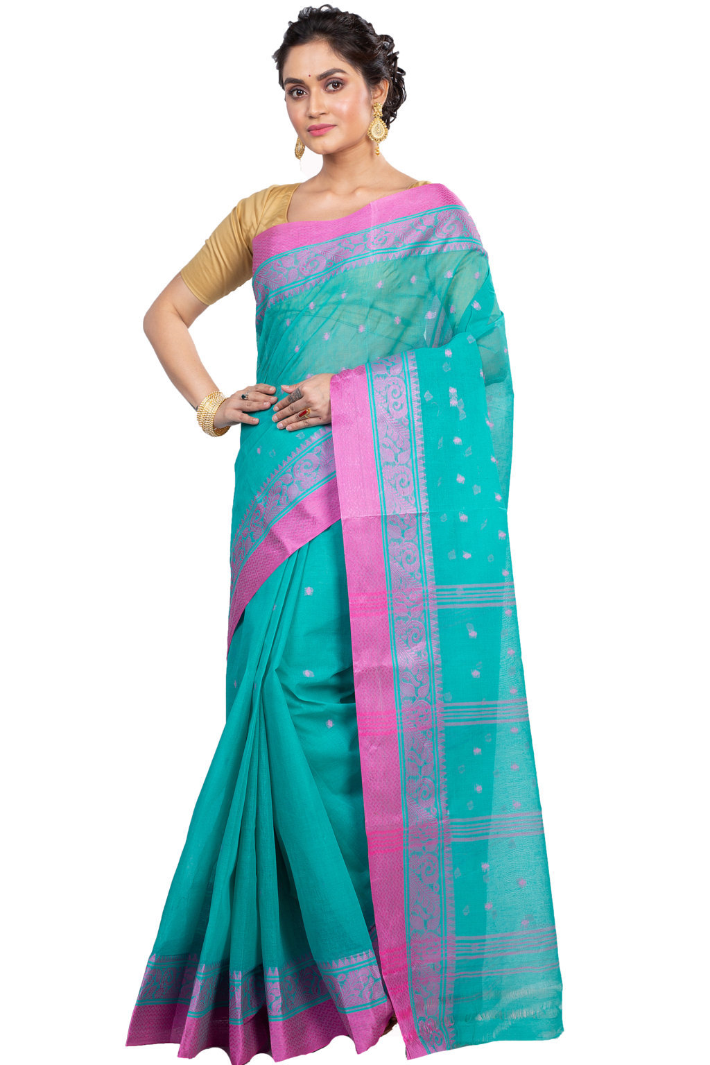 Olive Green Pure Cotton Sorbori Tant Saree (857)