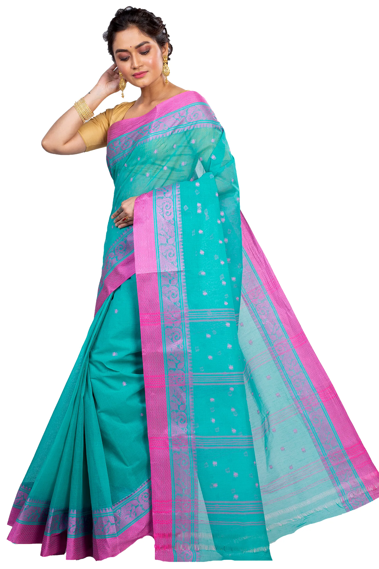 Olive Green Pure Cotton Sorbori Tant Saree (857)