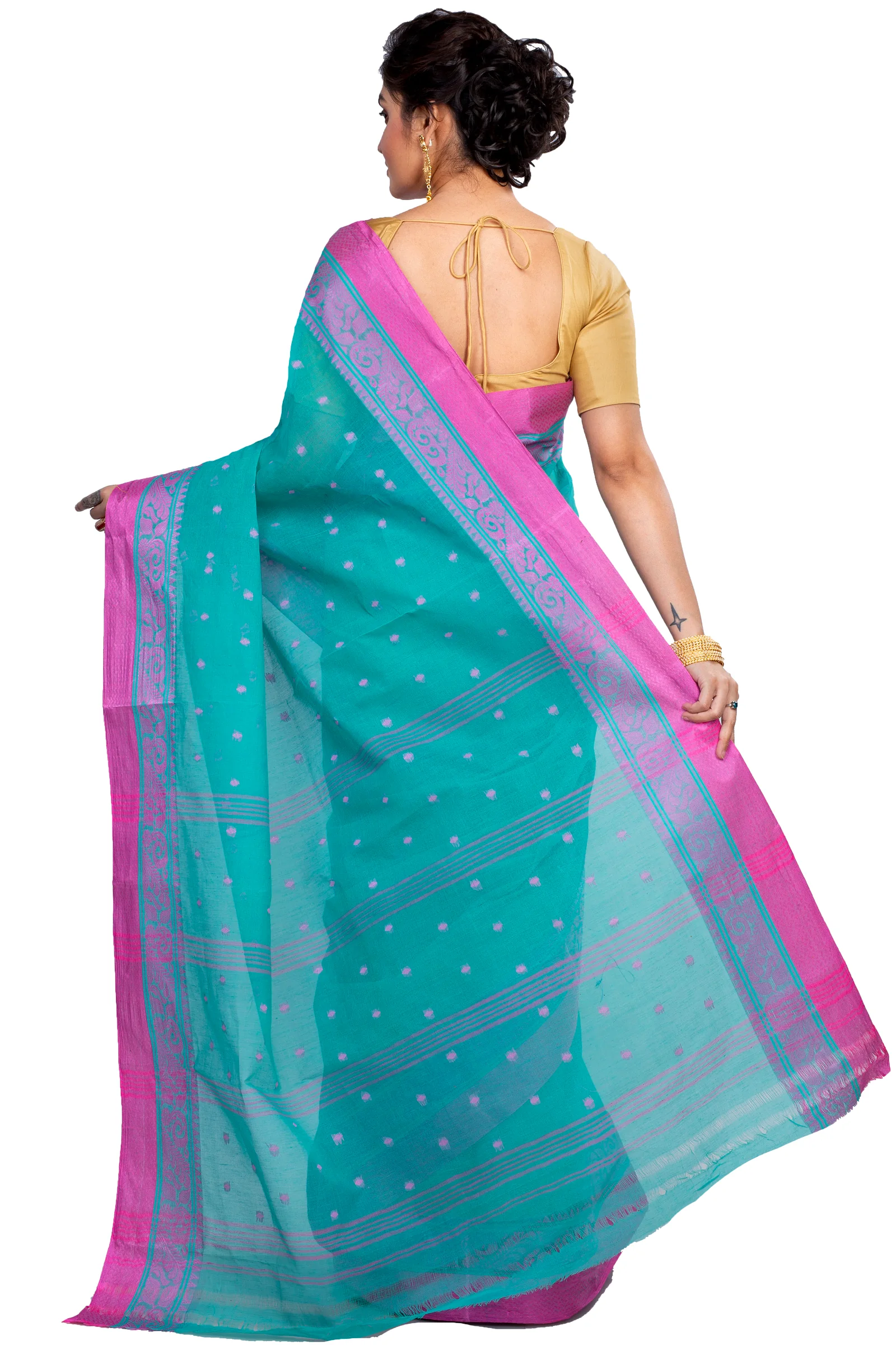 Olive Green Pure Cotton Sorbori Tant Saree (857)