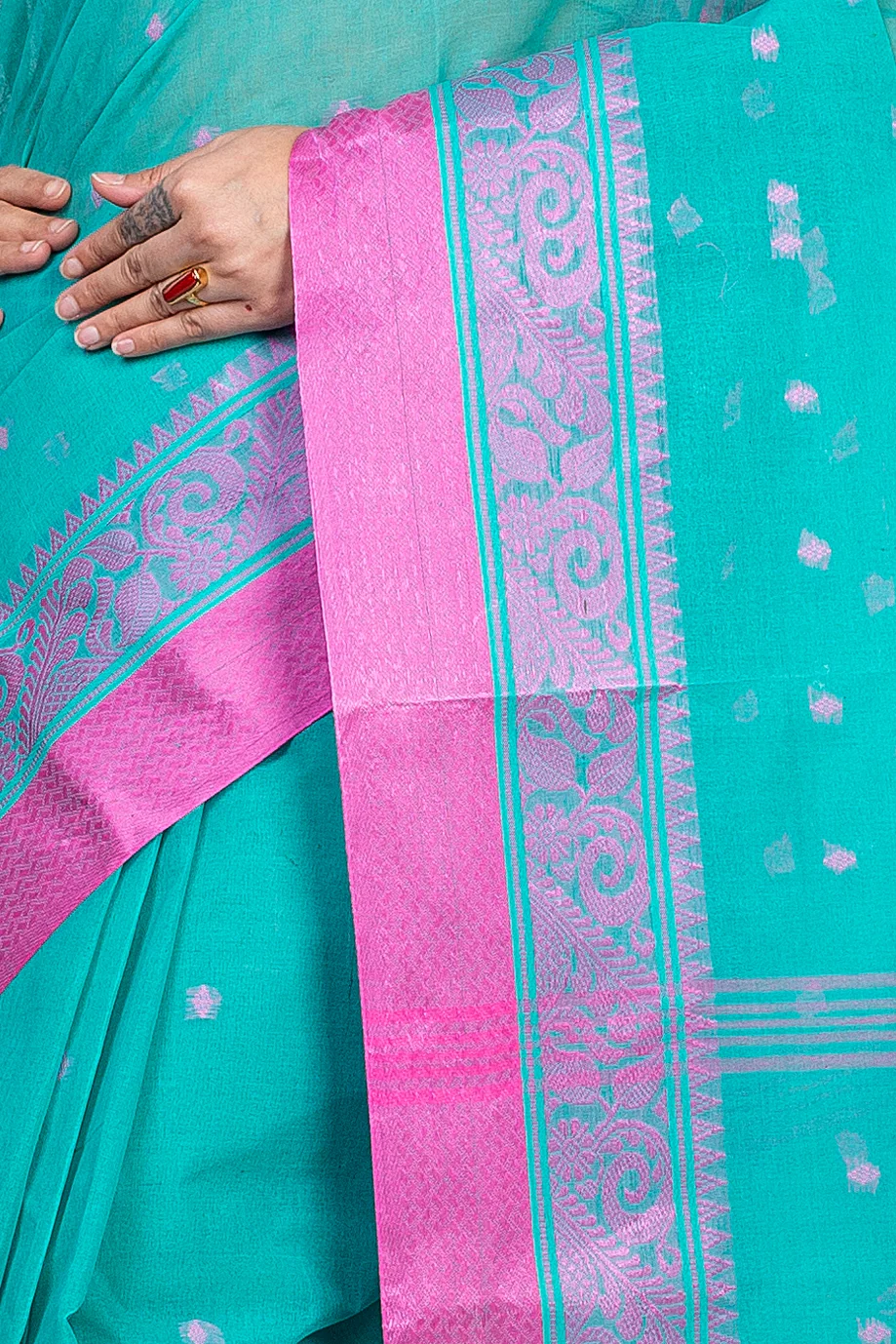 Olive Green Pure Cotton Sorbori Tant Saree (857)
