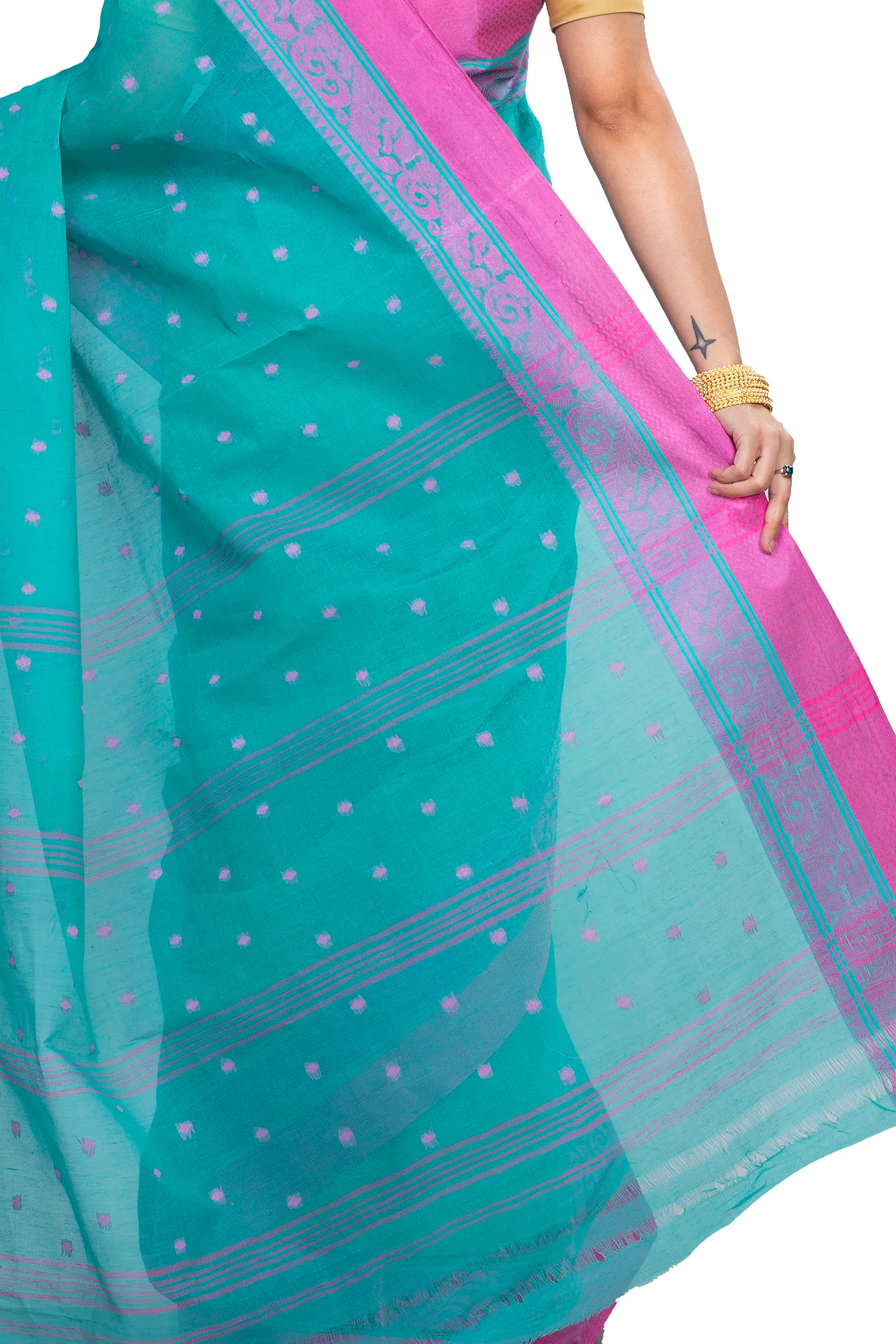Olive Green Pure Cotton Sorbori Tant Saree (857)