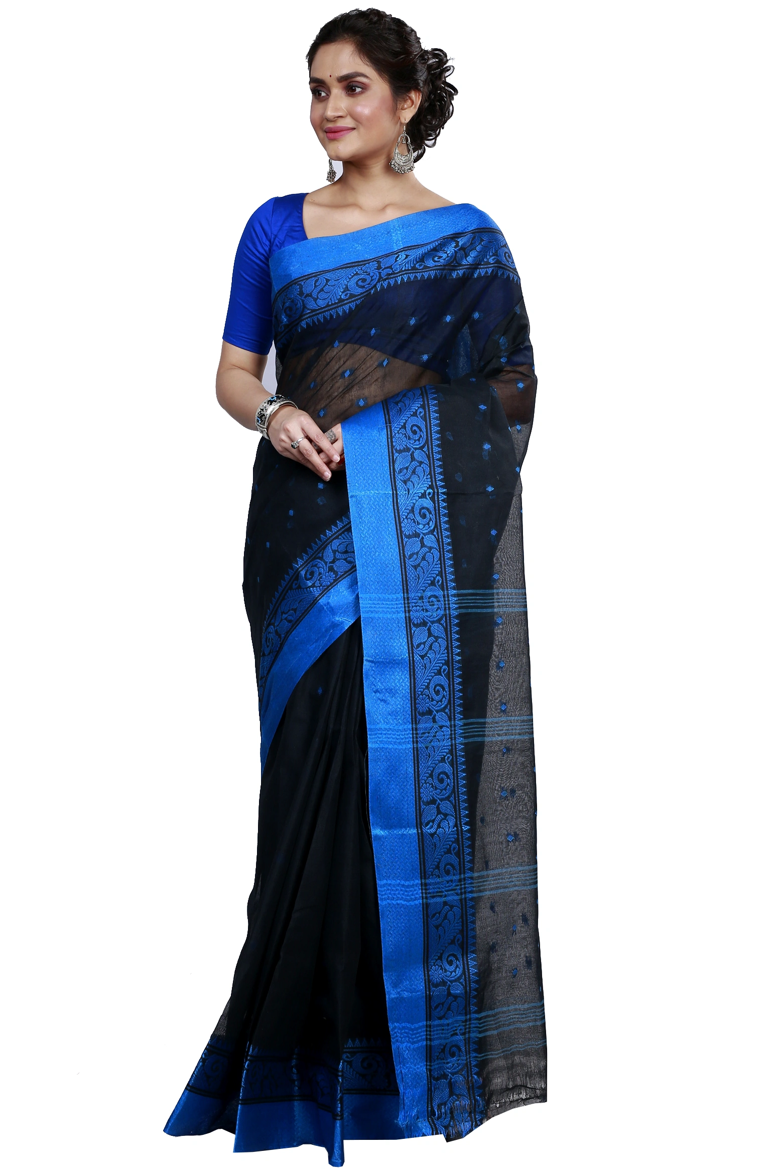 Naby Blue Pure Cotton Sorbori Tant Saree (858)