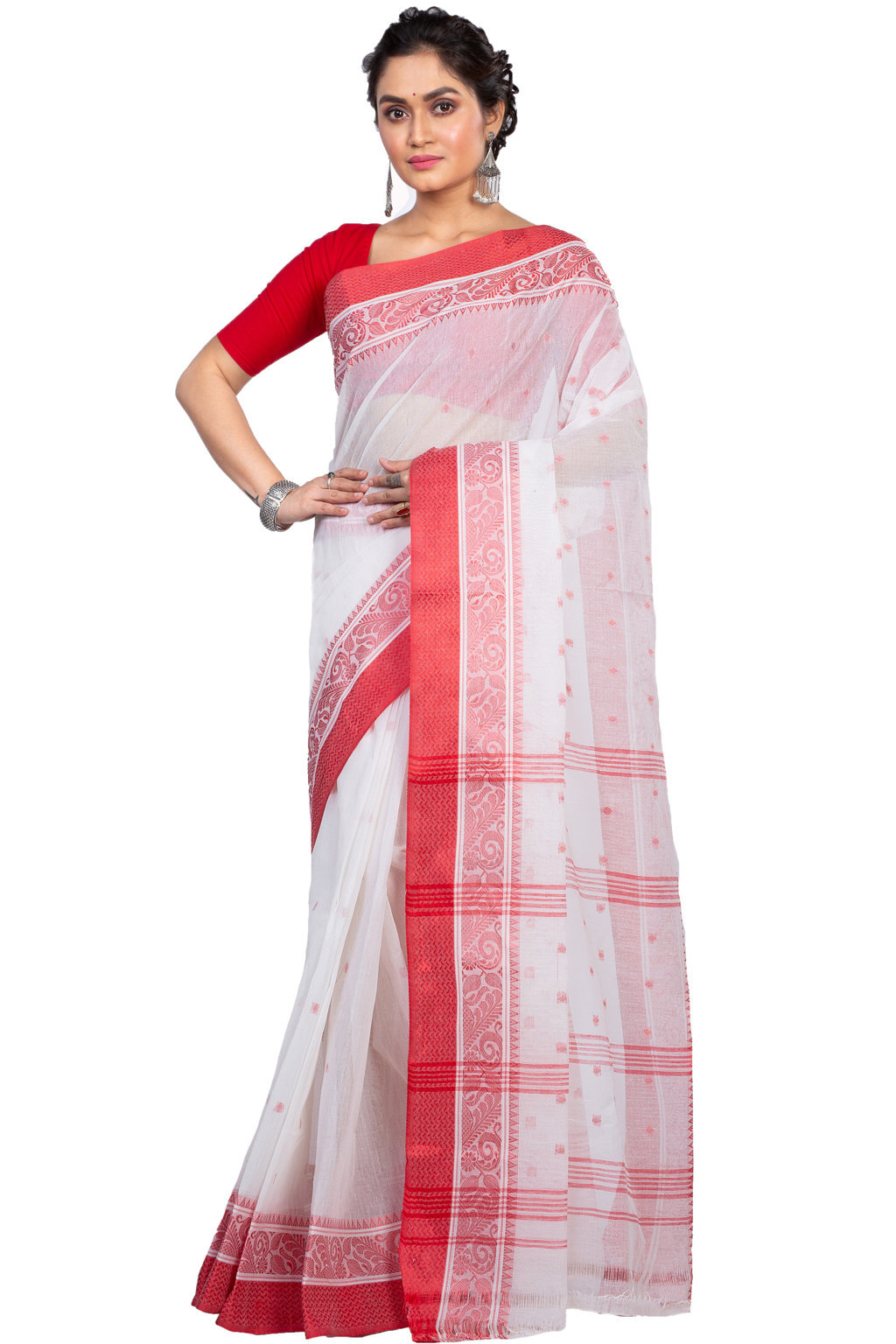 White Pure Cotton Sorbori Tant Saree (859)