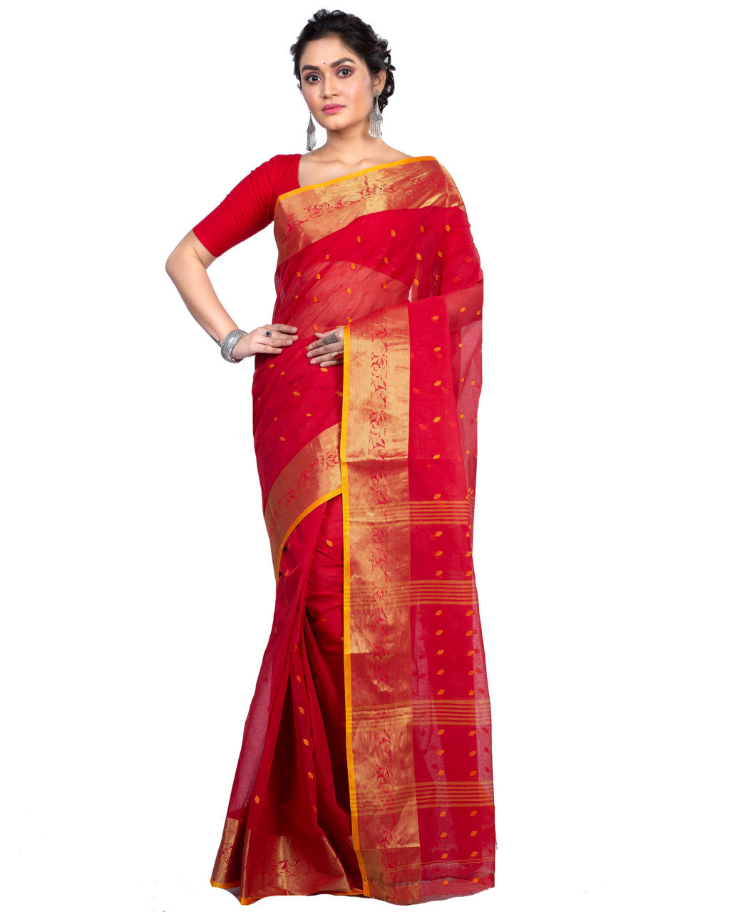 Red Pure Cotton Churi_Par Tant Saree (860)