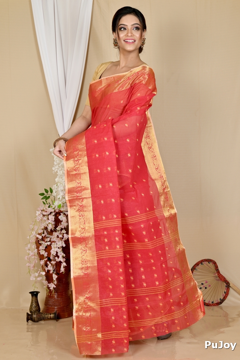 Red Pure Cotton Churi_Par Tant Saree (860)