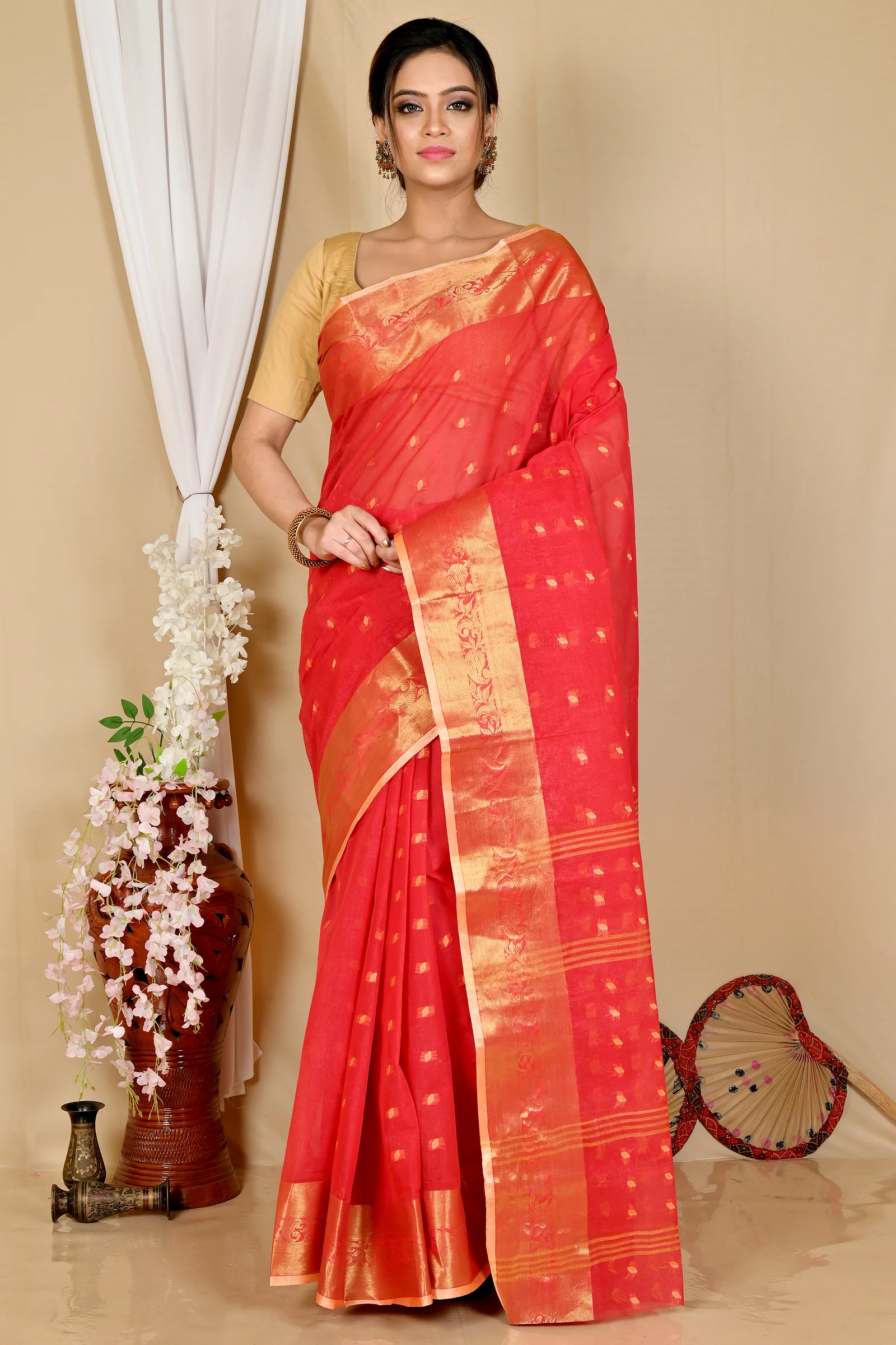 Red Pure Cotton Churi_Par Tant Saree (860)