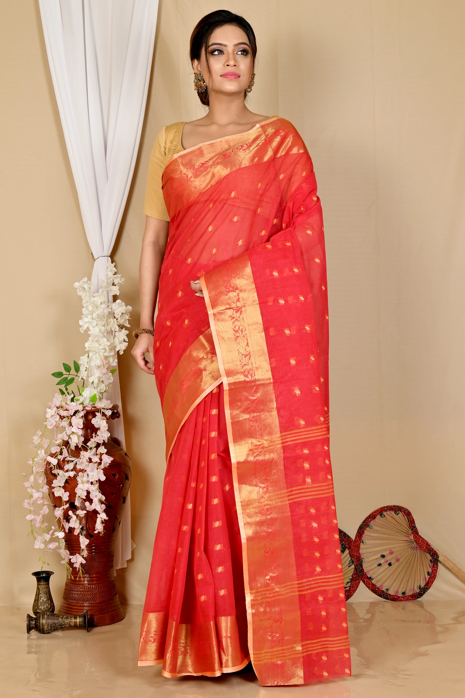 Red Pure Cotton Churi_Par Tant Saree (860)