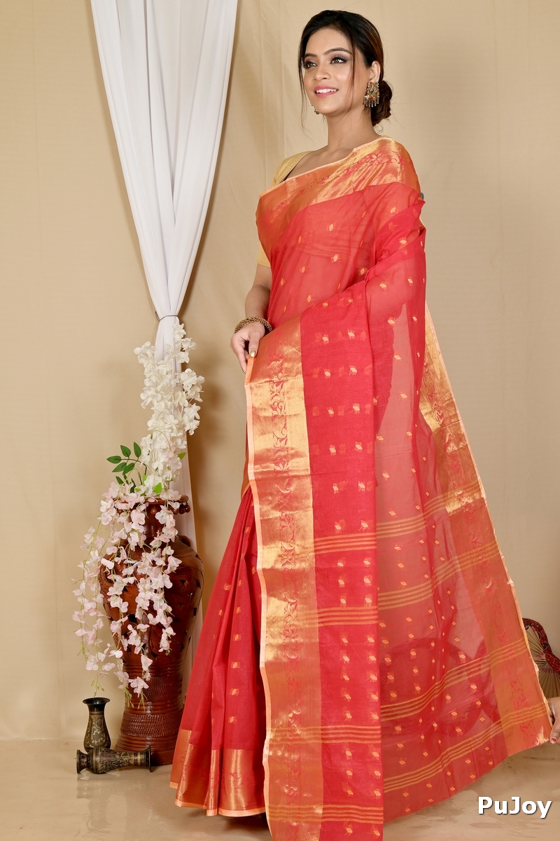 Red Pure Cotton Churi_Par Tant Saree (860)