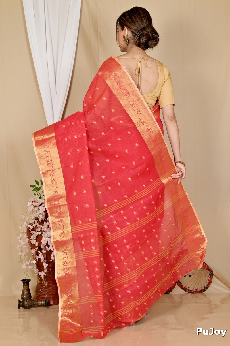 Red Pure Cotton Churi_Par Tant Saree (860)