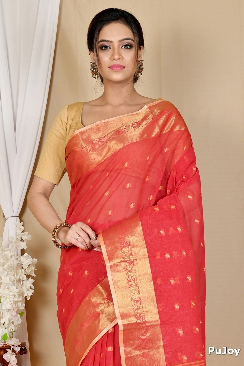 Red Pure Cotton Churi_Par Tant Saree (860)